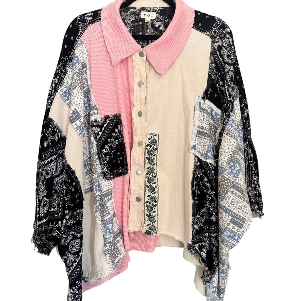 POL Oversized Patchwork Shacket Pink Bandana Boho Jacket M NWOT